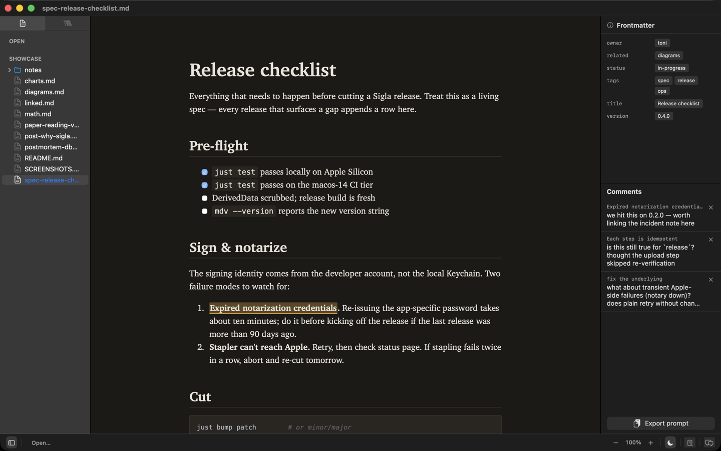 The frontmatter panel showing a document's parsed YAML alongside the rendered content
