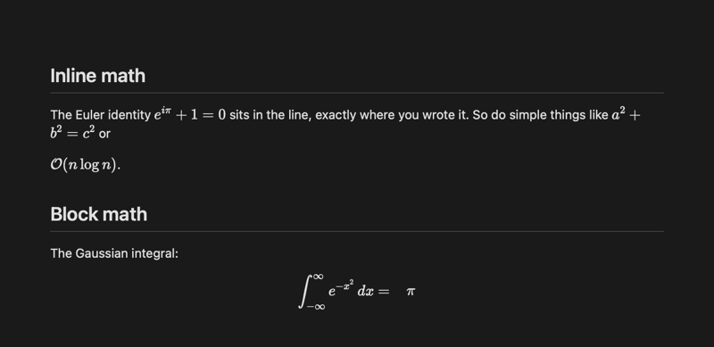 KaTeX-rendered math inside Sigla: inline Euler identity and Pythagorean theorem above a block-math Gaussian integral