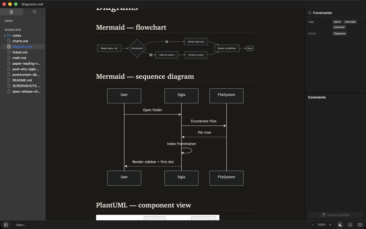 Sigla in dark mode showing a postmortem with two inline annotations and a code block