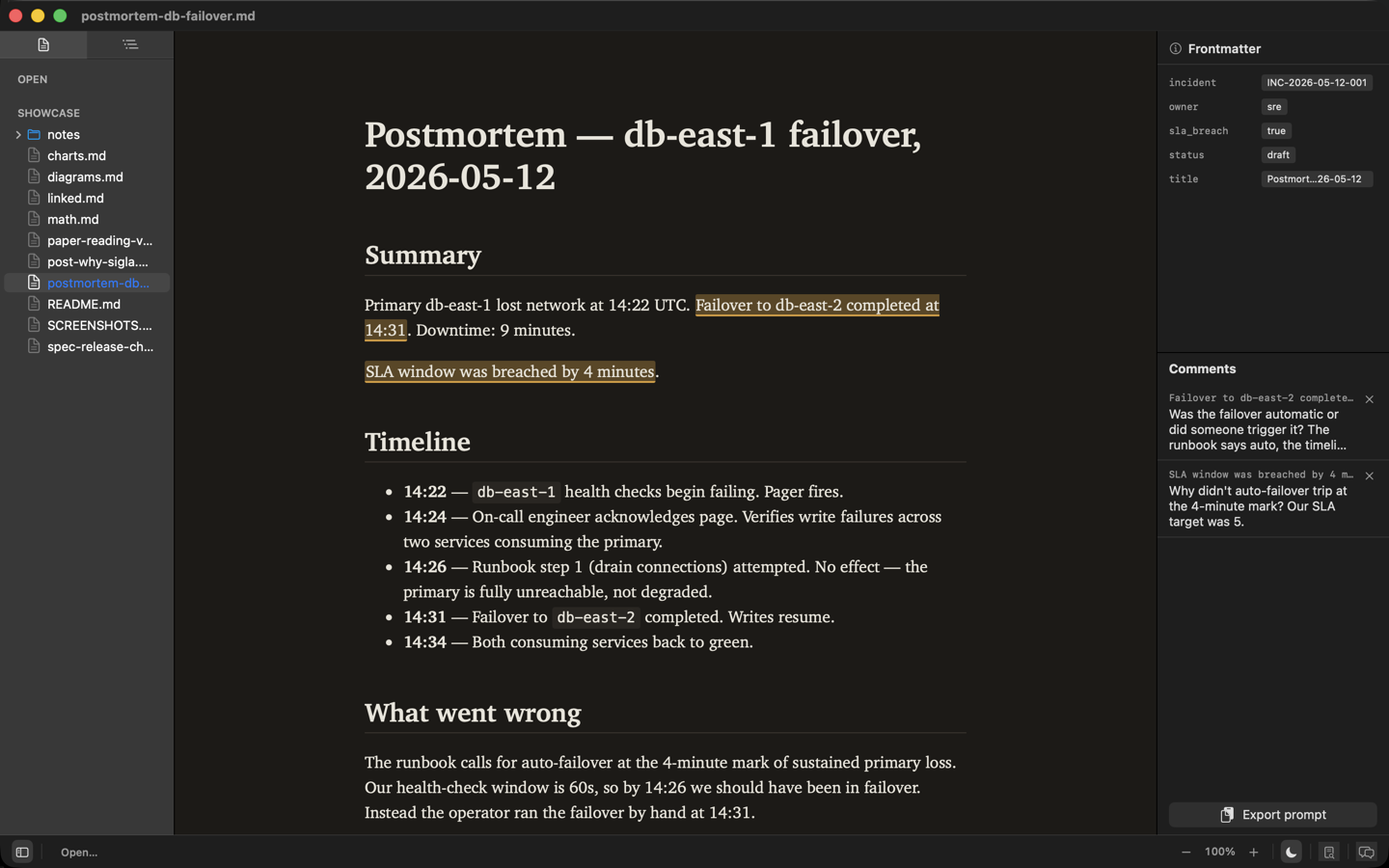 Sigla showing the postmortem with two highlighted phrases — the failover line and the SLA-breach line — each with a reader's question in the Comments panel