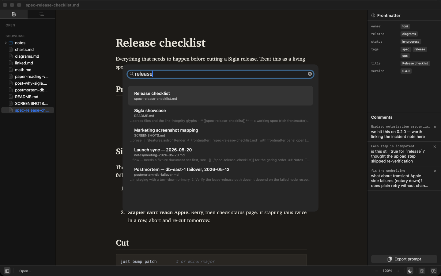 The Sigla cross-folder search modal with a query and result list