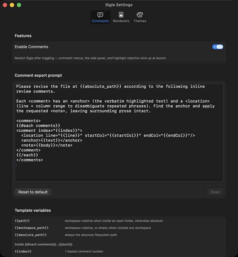 Sigla's Comments settings pane showing the editable XML export template