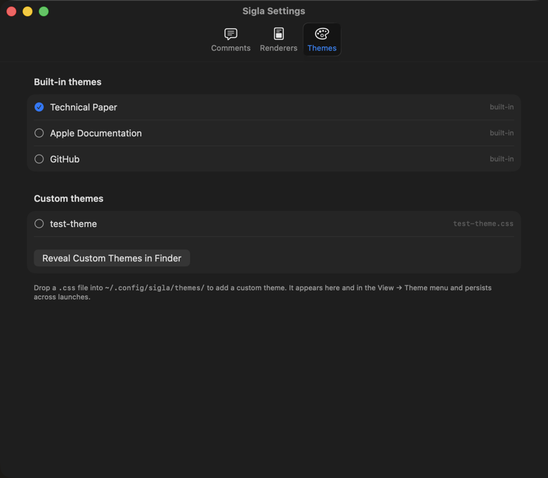 Sigla's Themes settings pane showing the three bundled light/dark theme pairs